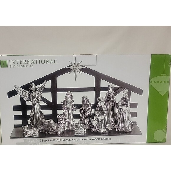 9 Piece antique Silver nativity with wood Creche Christmas  in Original Open Box - Picture 3 of 15